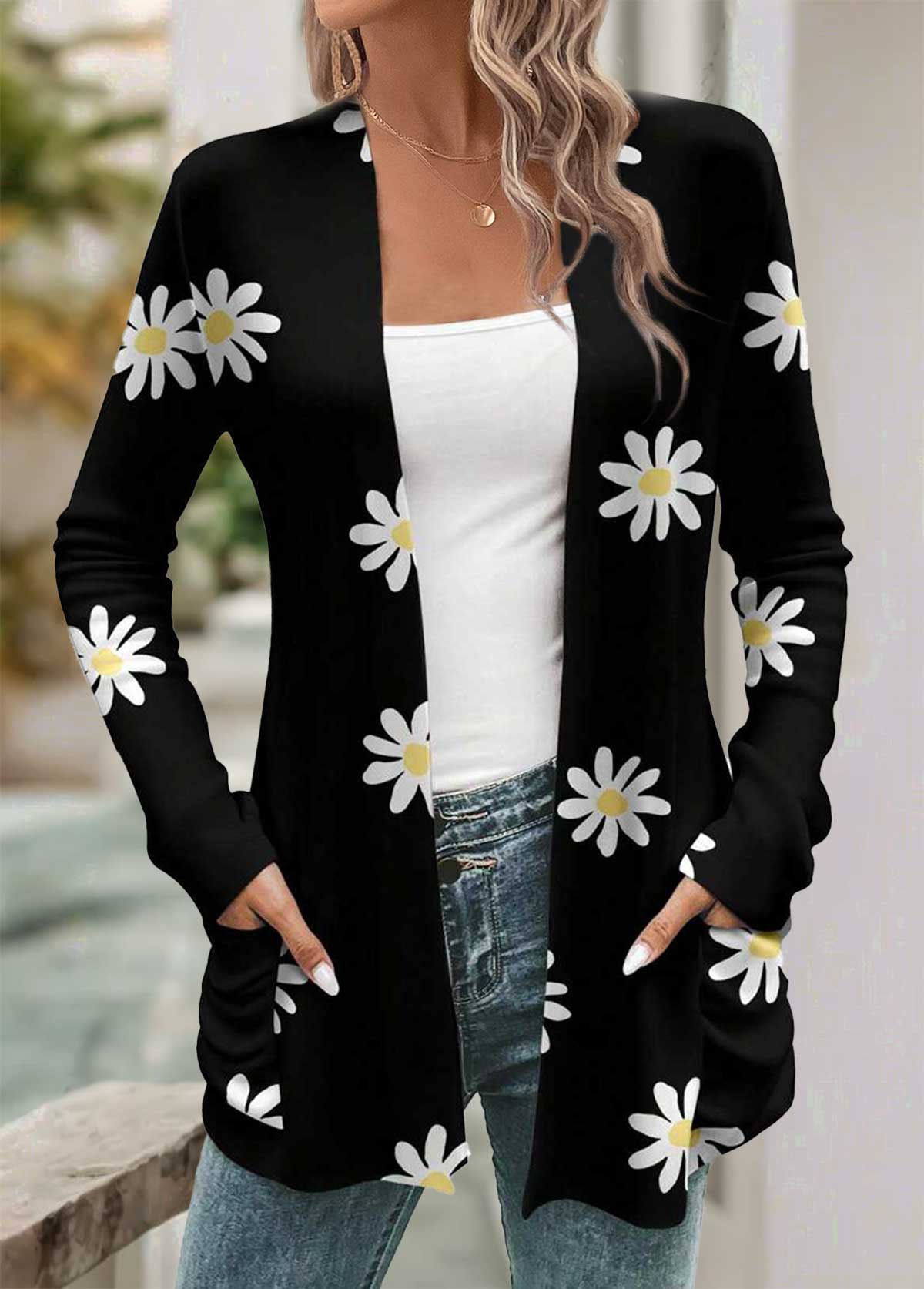 Black tops,Floral tops,Plants tops,ROTITA Tummy Coverage Floral Print Black Long Sleeve Coat