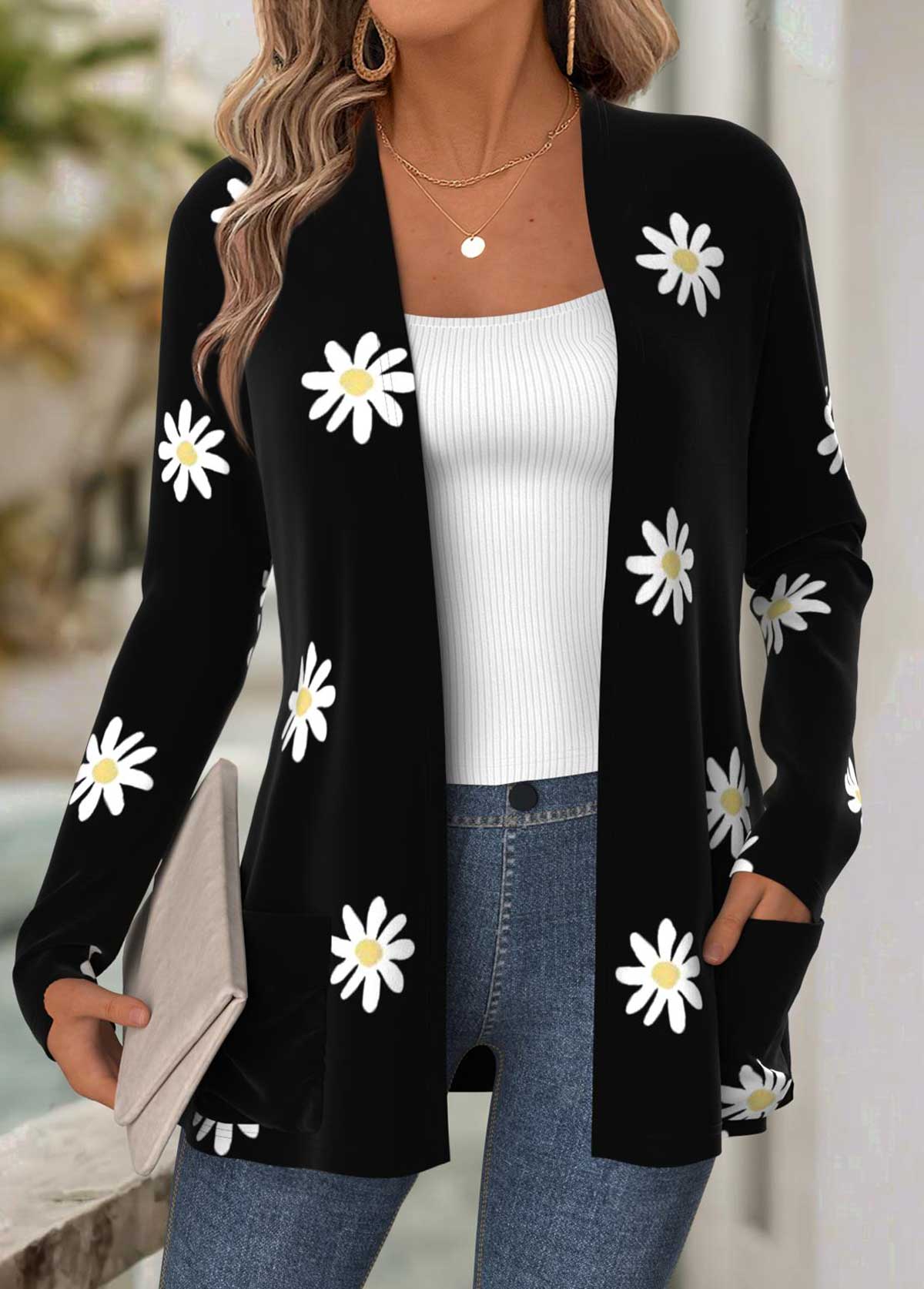 Black tops,Floral tops,Plants tops,ROTITA Tummy Coverage Floral Print Black Long Sleeve Coat