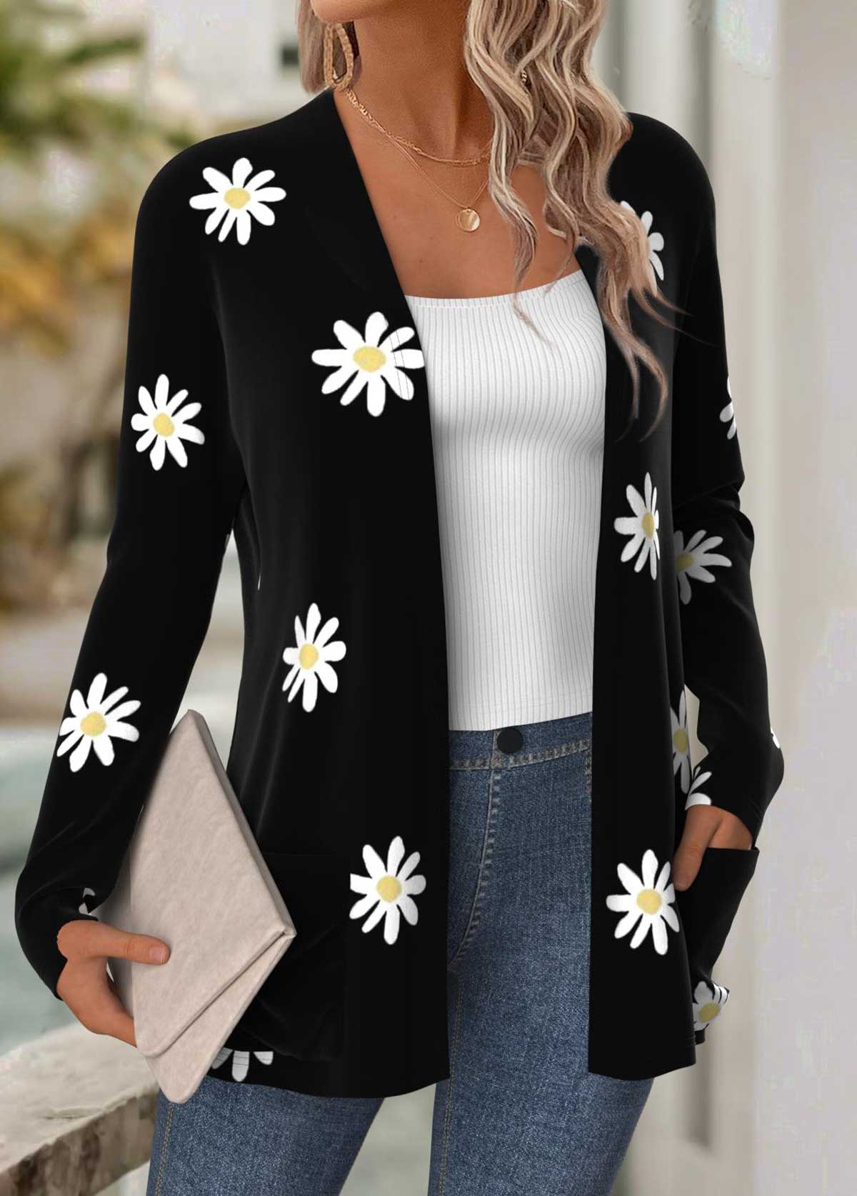 Black tops,Floral tops,Plants tops,ROTITA Tummy Coverage Floral Print Black Long Sleeve Coat