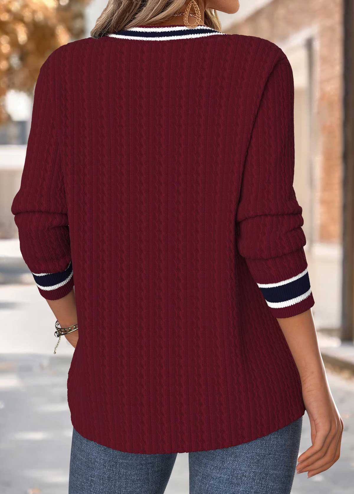Wine Red tops,Contrast Color tops,ROTITA Tummy Coverage Wine Red Long Sleeve T Shirt