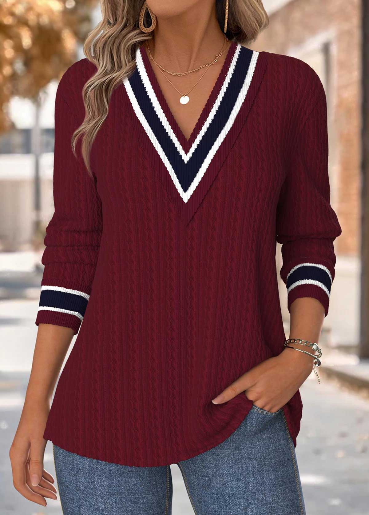 Wine Red tops,Contrast Color tops,ROTITA Tummy Coverage Wine Red Long Sleeve T Shirt