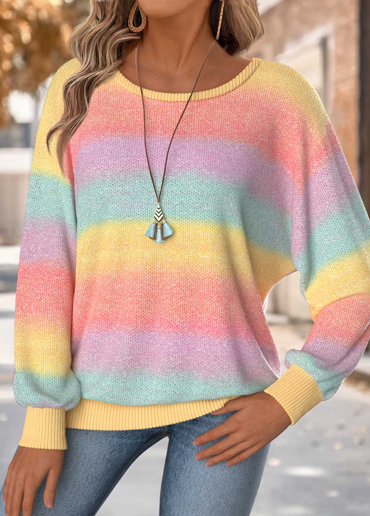 Multi Color tops,Ombre tops,ROTITA Tummy Coverage Ombre Multi Color Round Neck T Shirt