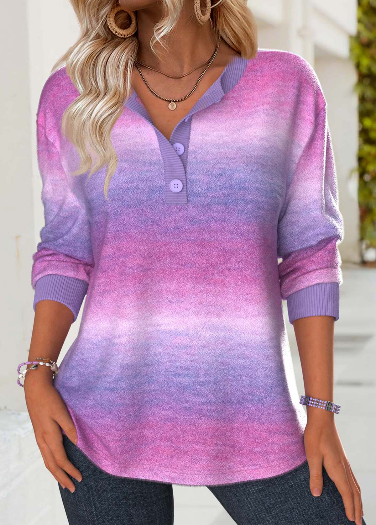Multi Color tops,Ombre tops,ROTITA Tummy Coverage Ombre Multi Color Split Neck Sweatshirt