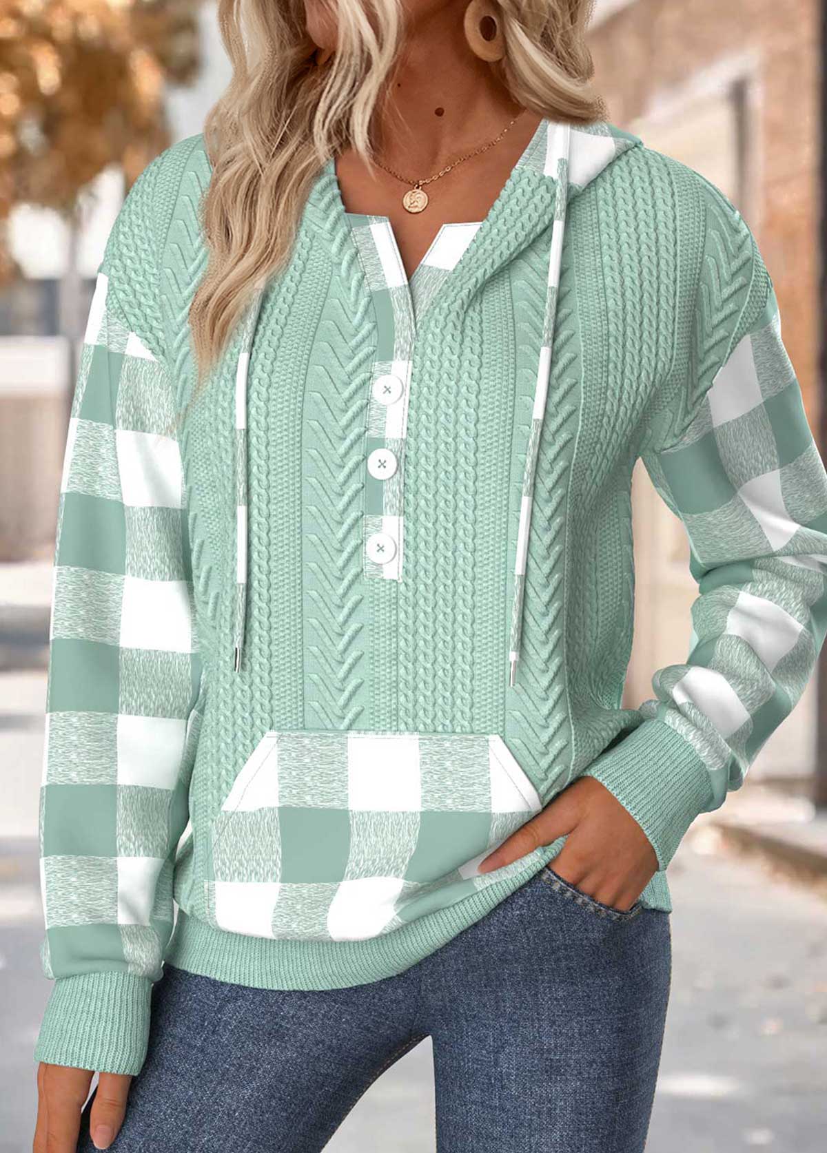 Green tops,Plaid tops,Geometric tops,ROTITA Plus Size Tummy Coverage Plaid Sage Green Hoodie