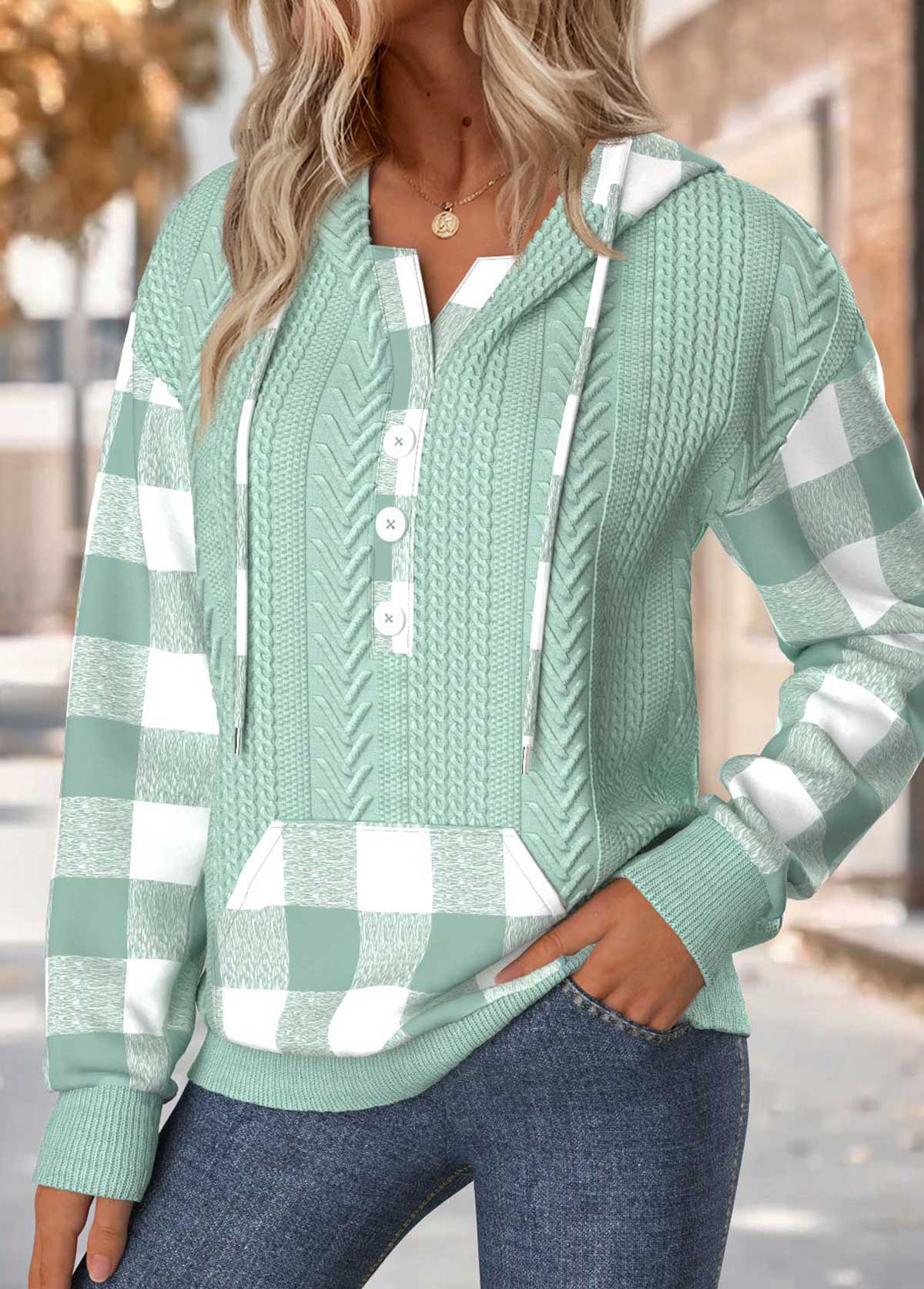 Green tops,Plaid tops,Geometric tops,ROTITA Plus Size Tummy Coverage Plaid Sage Green Hoodie