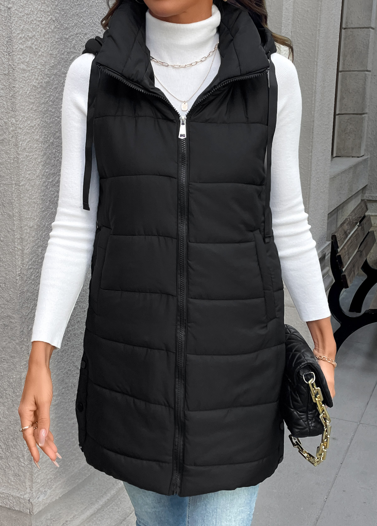 Black tops,Plain Color tops,Tummy Coverage Black Sleeveless Tunic Waistcoat