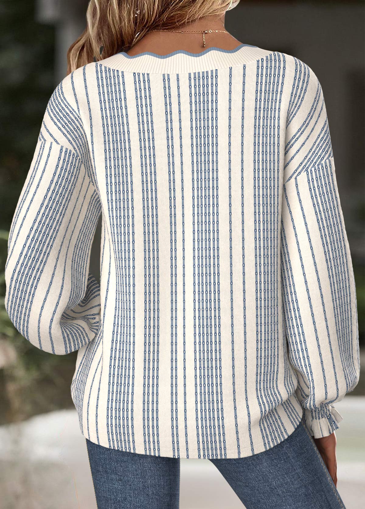 Beige tops,Striped tops,Geometric tops,ROTITA Tummy Coverage Striped Beige V Neck Long Sleeve Sweatshirt