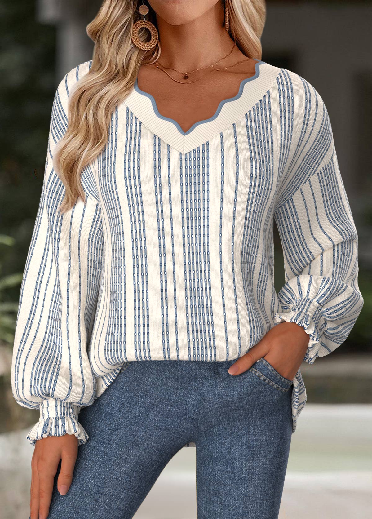 Beige tops,Striped tops,Geometric tops,ROTITA Tummy Coverage Striped Beige V Neck Long Sleeve Sweatshirt