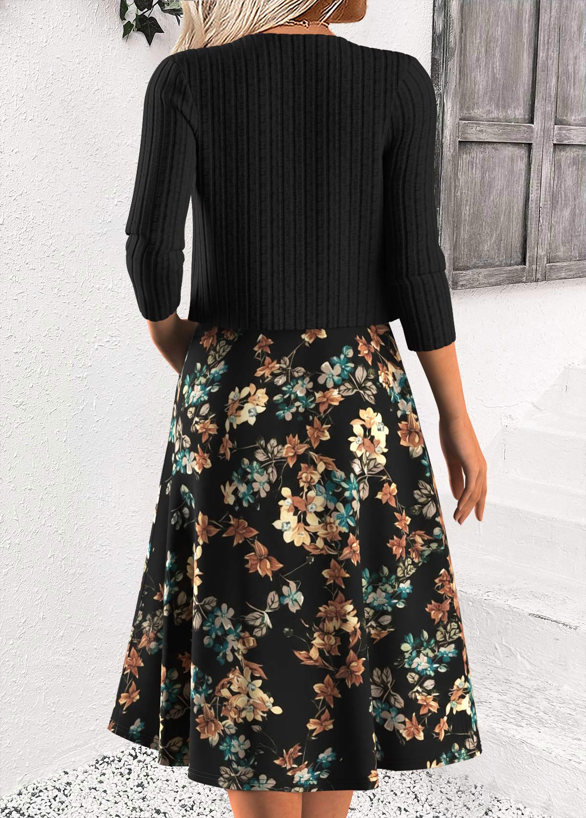 Black dresses,Floral dresses,Plants dresses,Casual dresses,ROTITA Tummy Coverage Floral Print Black Scoop Neck Dress
