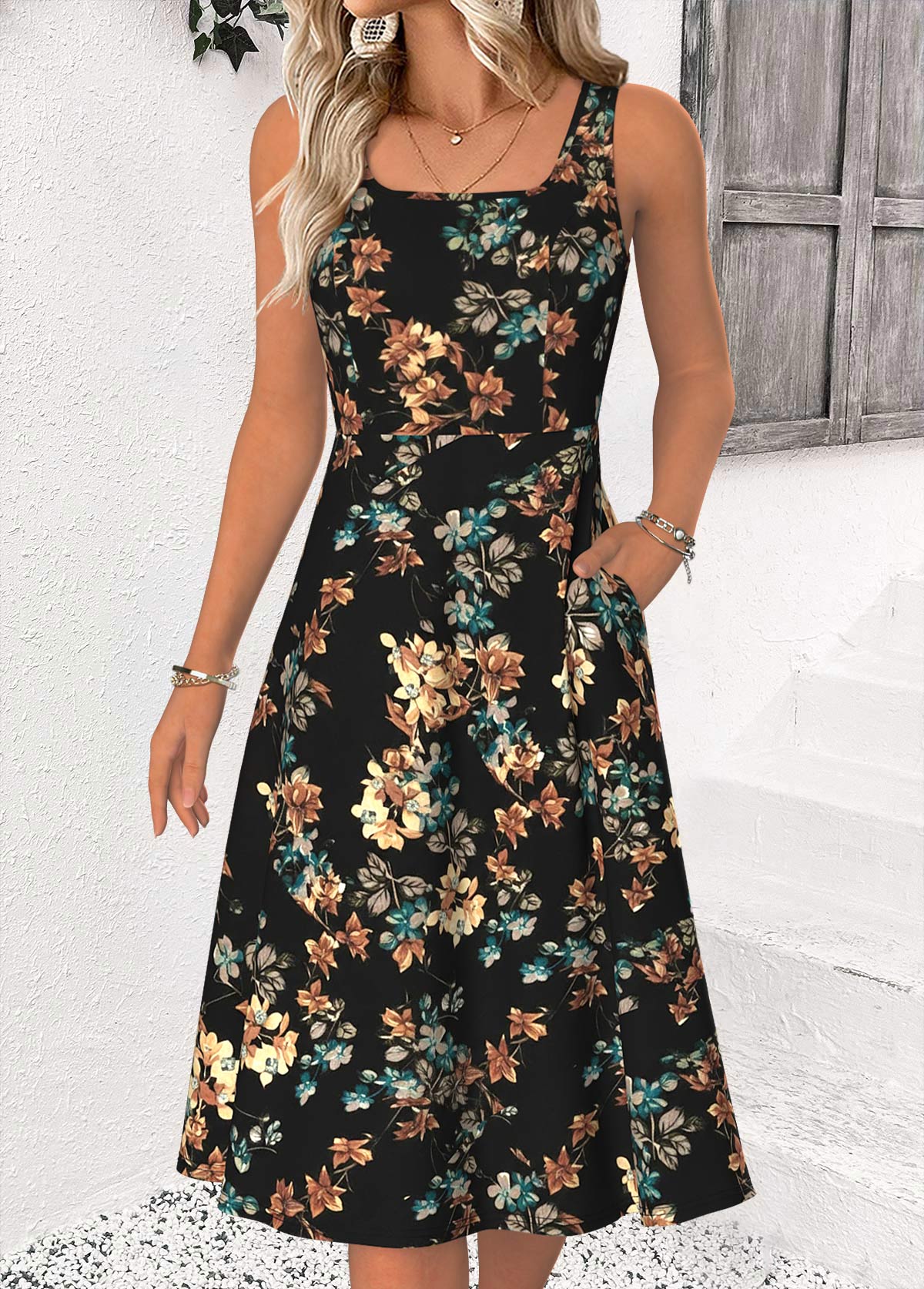 Black dresses,Floral dresses,Plants dresses,Casual dresses,ROTITA Tummy Coverage Floral Print Black Scoop Neck Dress