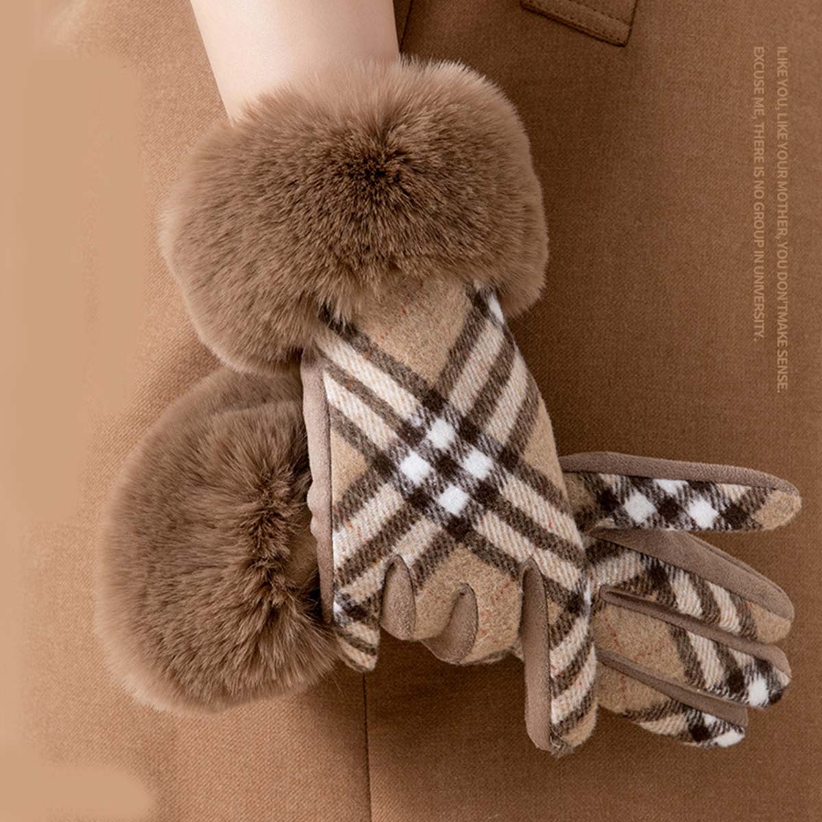 Light Coffee accessories,Plaid accessories,Geometric accessories,Plaid Light Coffee Warming Wrist Full Finger Gloves