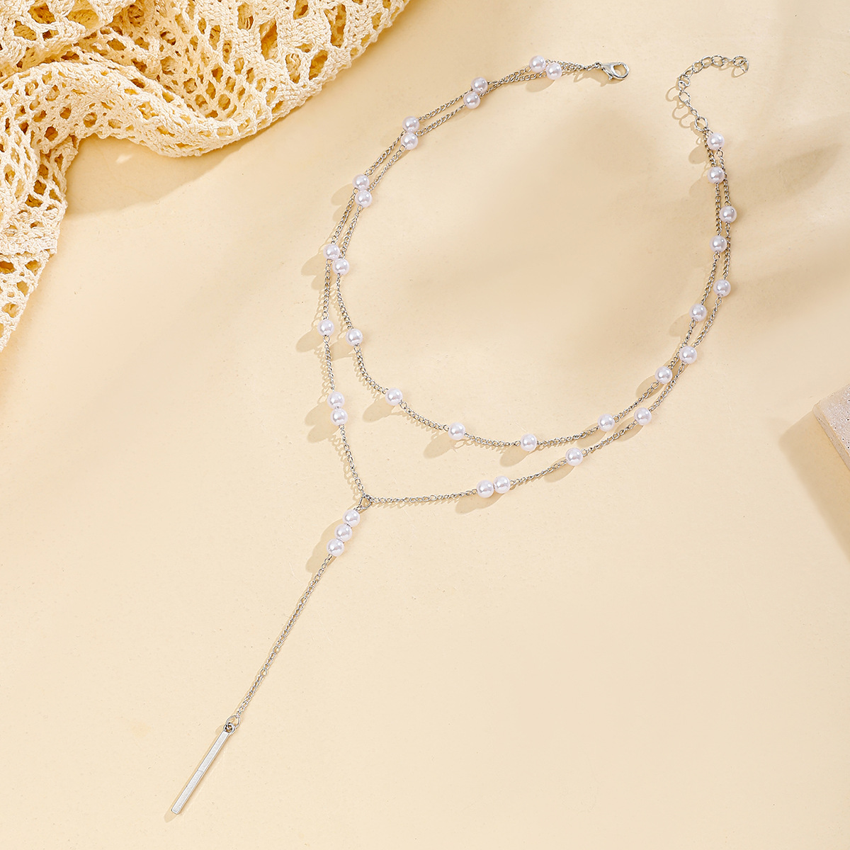 Silver jewelry,Silver Color Alloy Detail Pearl Necklace