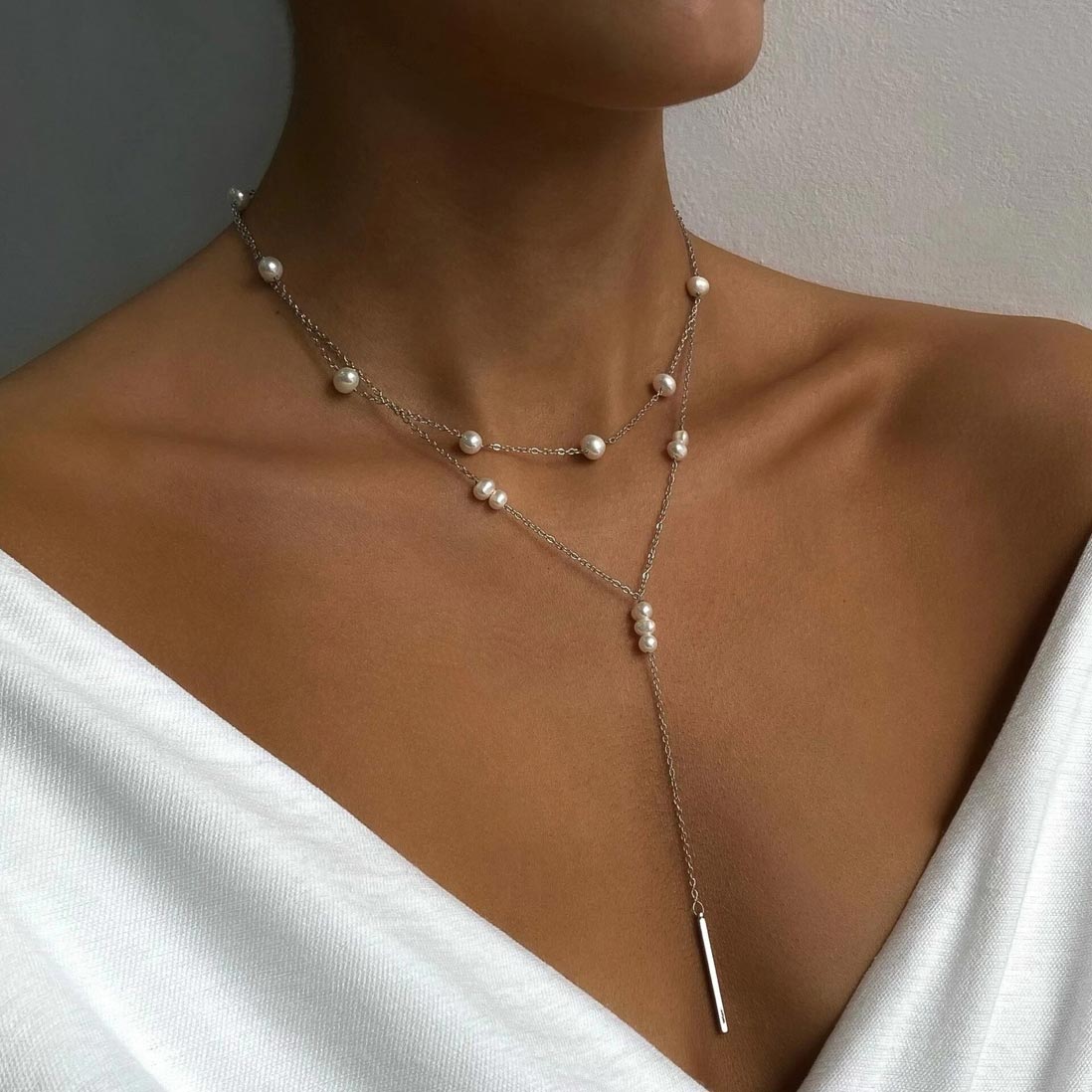 Silver jewelry,Silver Color Alloy Detail Pearl Necklace