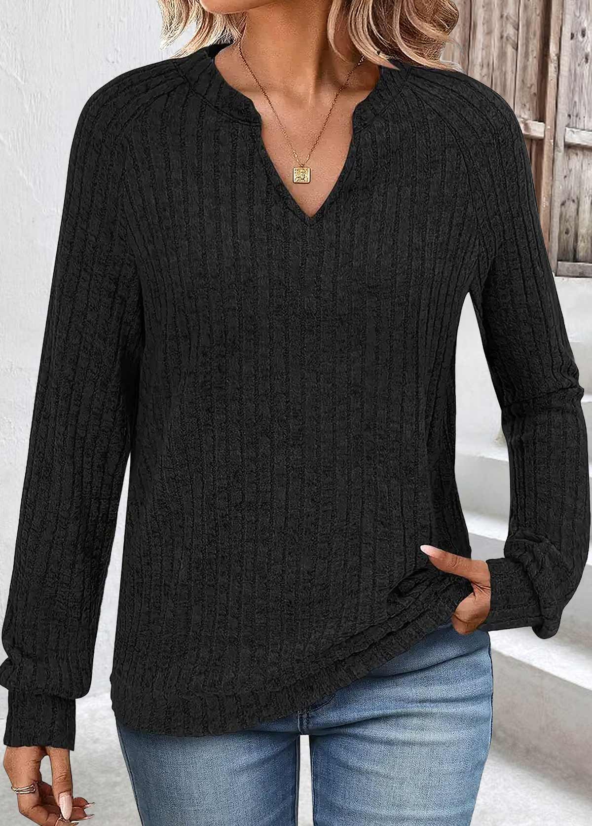 Black tops,Plain Color tops,ROTITA Black Split Neck Long Sleeve Sweatshirt