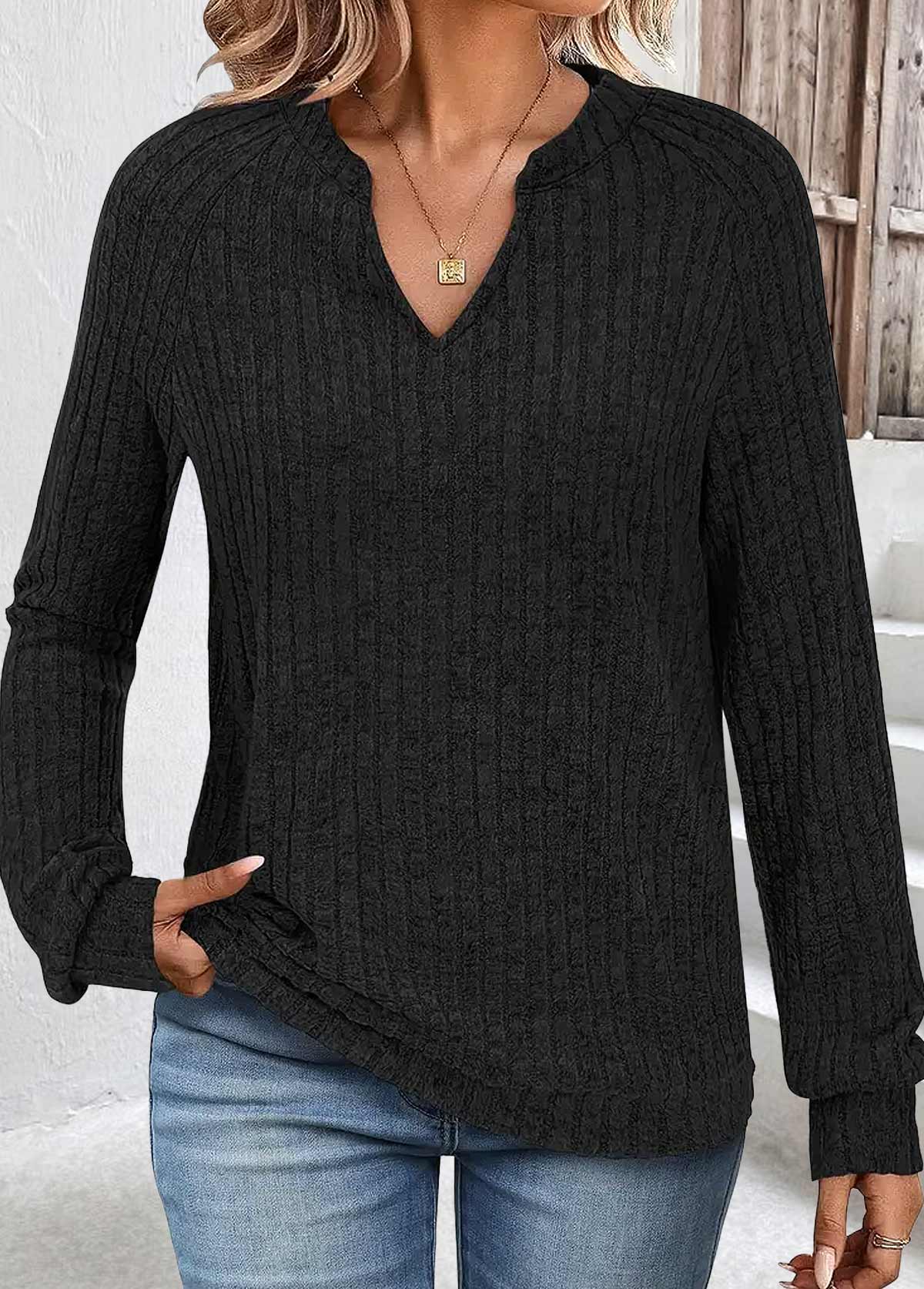 Black tops,Plain Color tops,ROTITA Black Split Neck Long Sleeve Sweatshirt