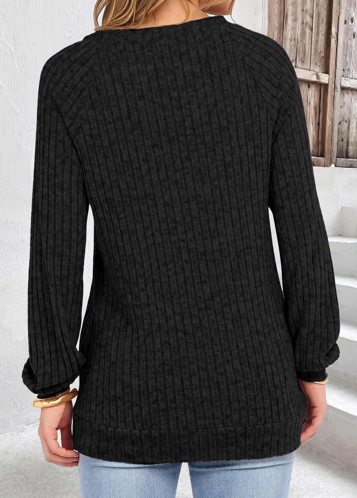 Black tops,Plain Color tops,ROTITA Black Split Neck Long Sleeve Sweatshirt