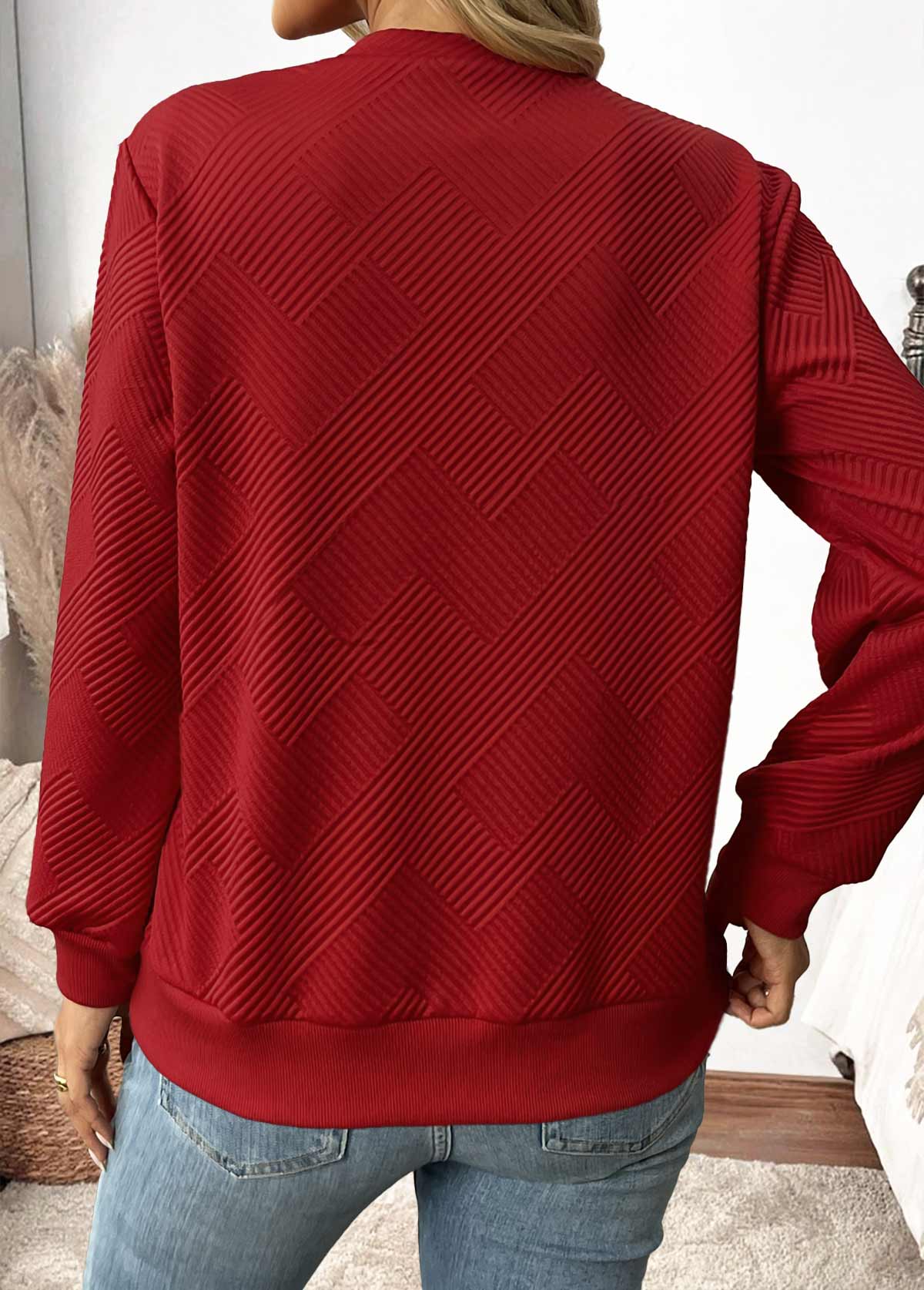 Wine Red tops,Plain Color tops,ROTITA Button Wine Red Asymmetrical Neck Long Sleeve Sweatshirt