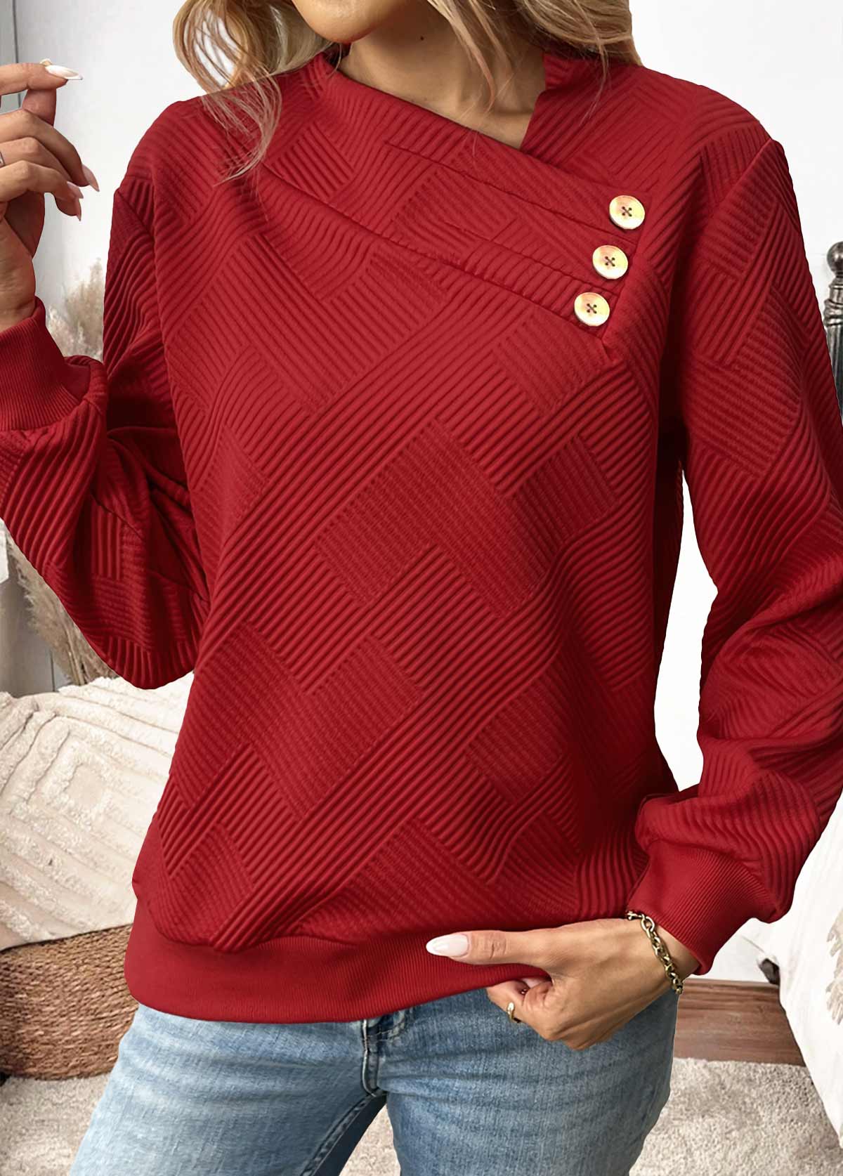 Wine Red tops,Plain Color tops,ROTITA Button Wine Red Asymmetrical Neck Long Sleeve Sweatshirt