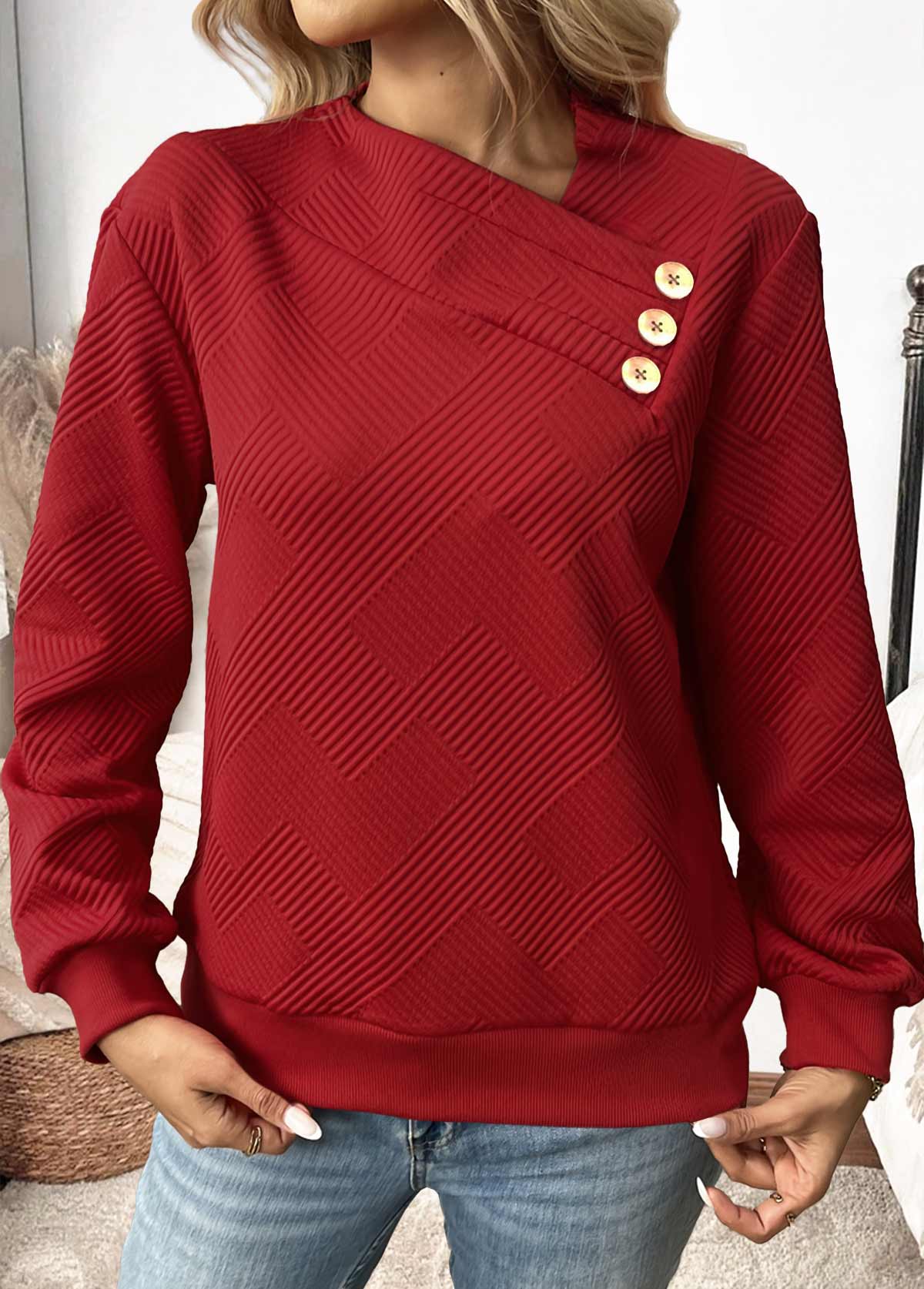 Wine Red tops,Plain Color tops,ROTITA Button Wine Red Asymmetrical Neck Long Sleeve Sweatshirt