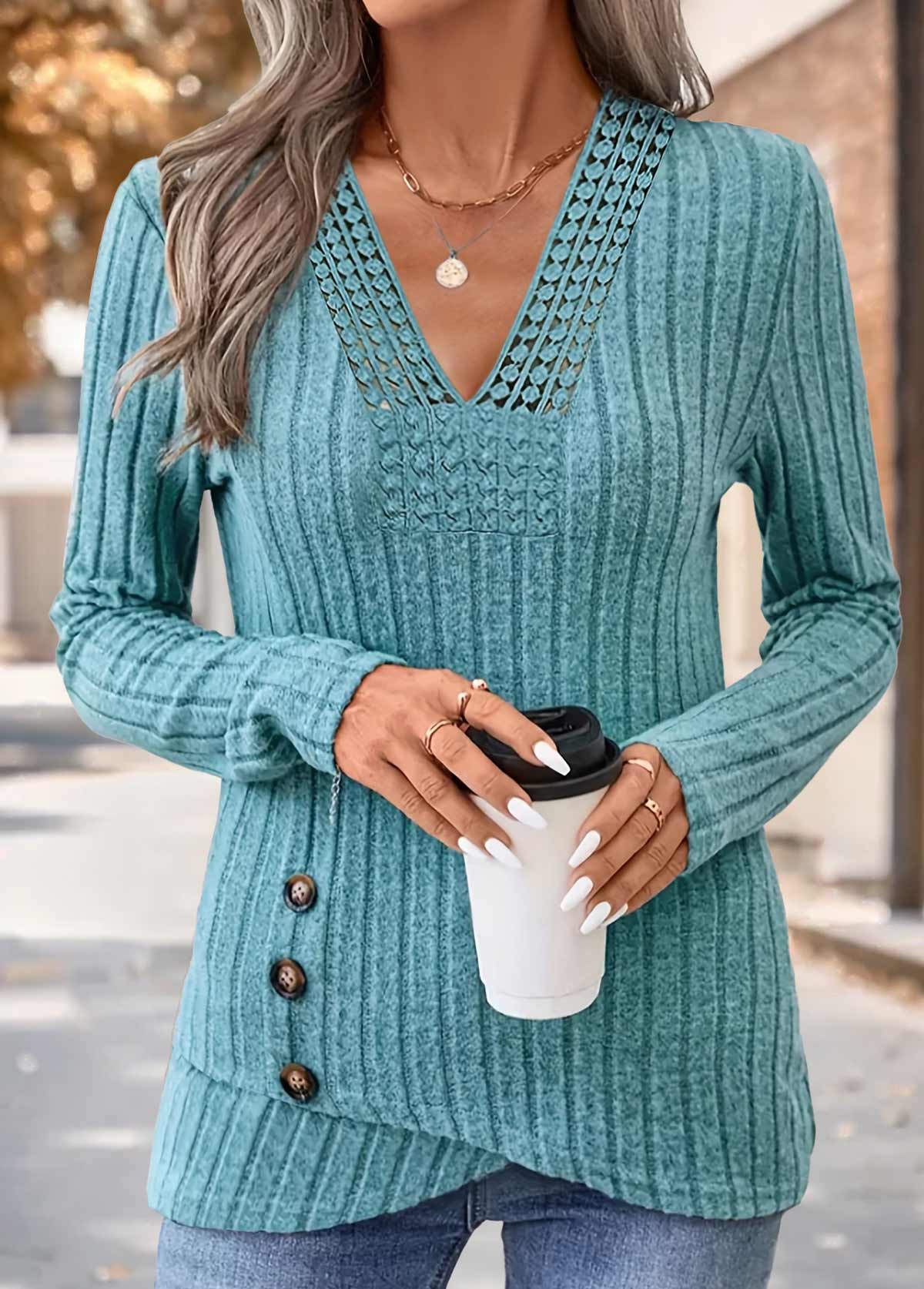 Mint Green tops,Plain Color tops,ROTITA Patchwork Multi Color V Neck Long Sleeve T Shirt