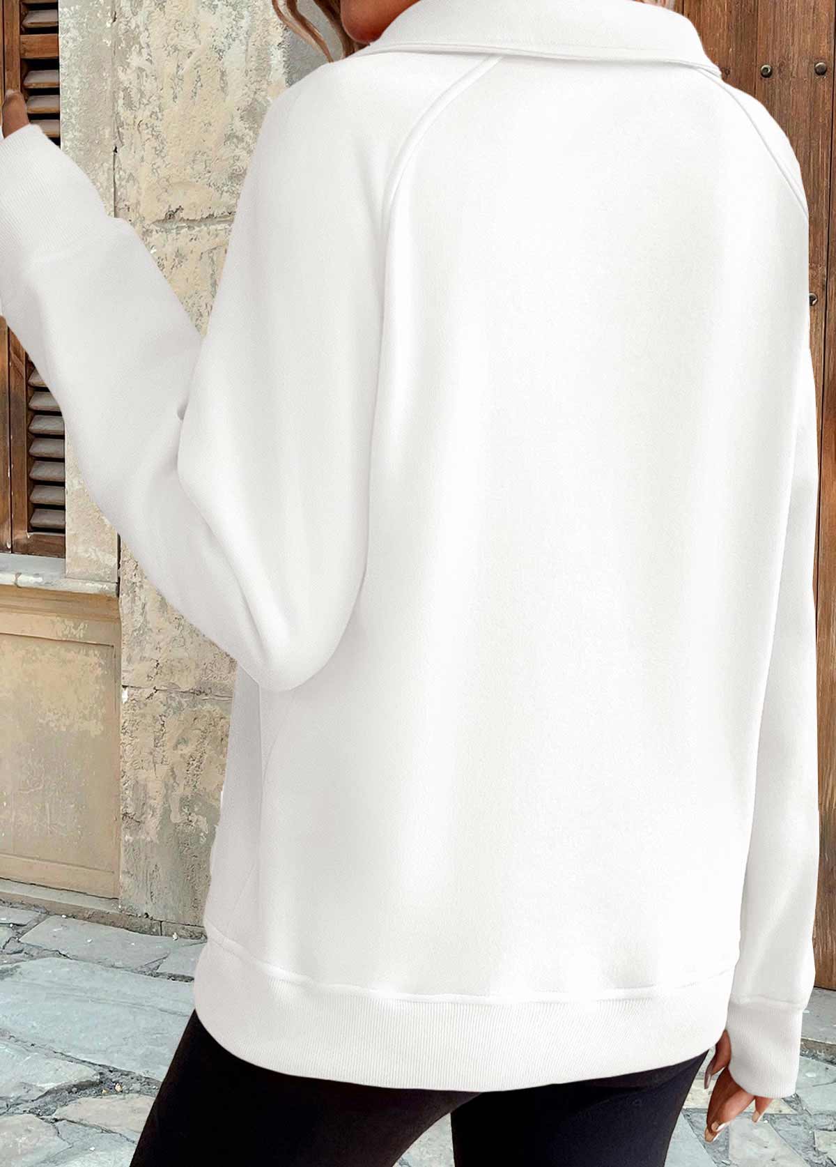 White tops,Plain Color tops,ROTITA Tummy Coverage White Turn Down Collar Long Sleeve Sweatshirt