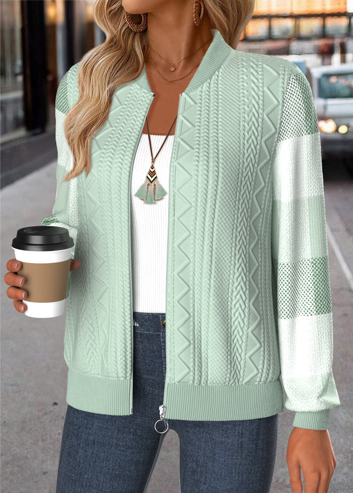 Light Green tops,Plaid tops,Geometric tops,ROTITA Tummy Coverage Plaid Light Green Stand Collar Jacket