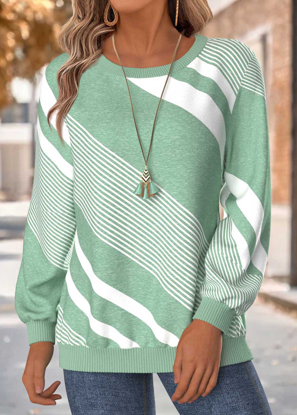 Mint Green tops,Geometric tops,ROTITA Tummy Coverage Geometric Print Mint Green Round Neck Sweatshirt