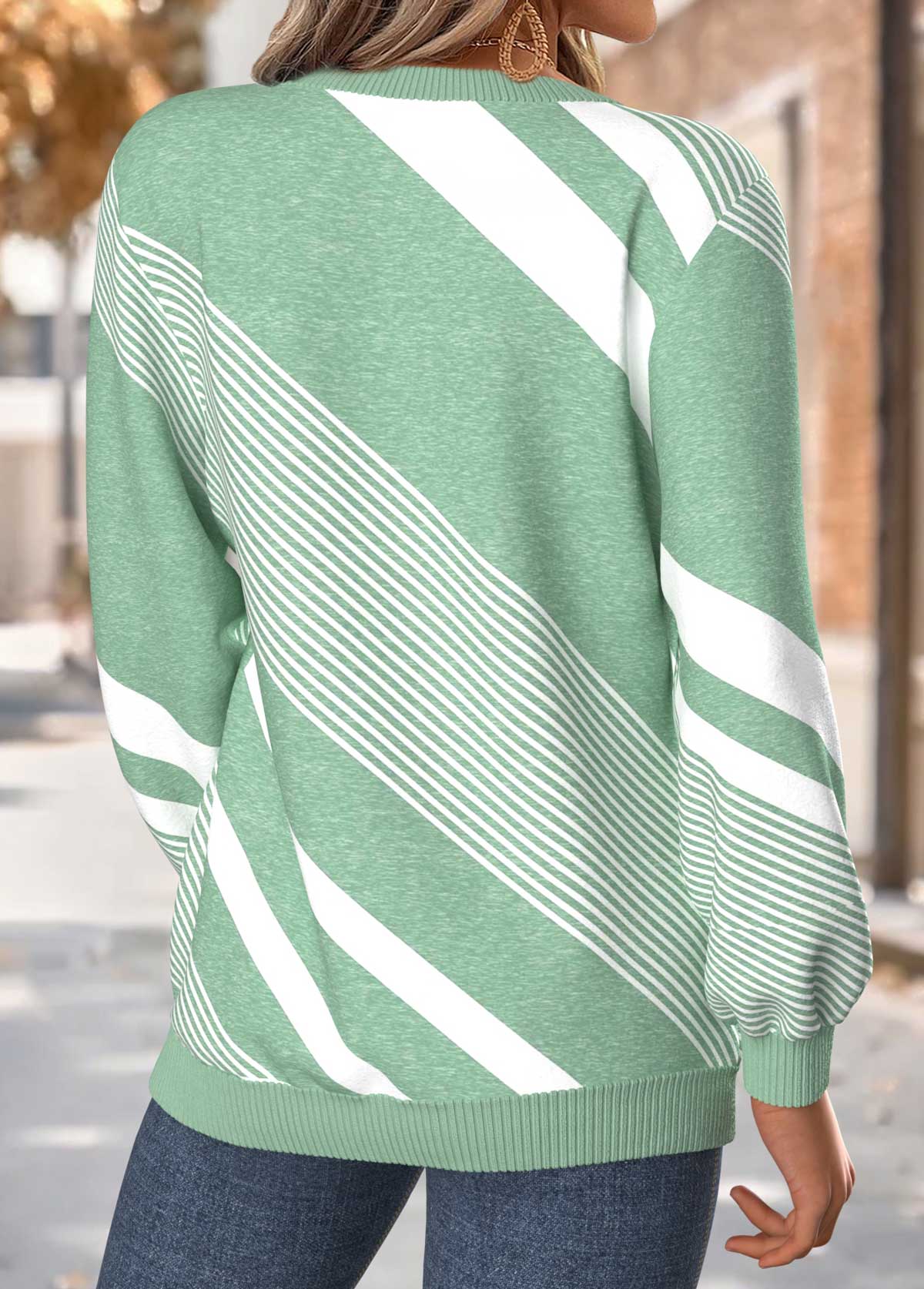 Mint Green tops,Geometric tops,ROTITA Tummy Coverage Geometric Print Mint Green Round Neck Sweatshirt