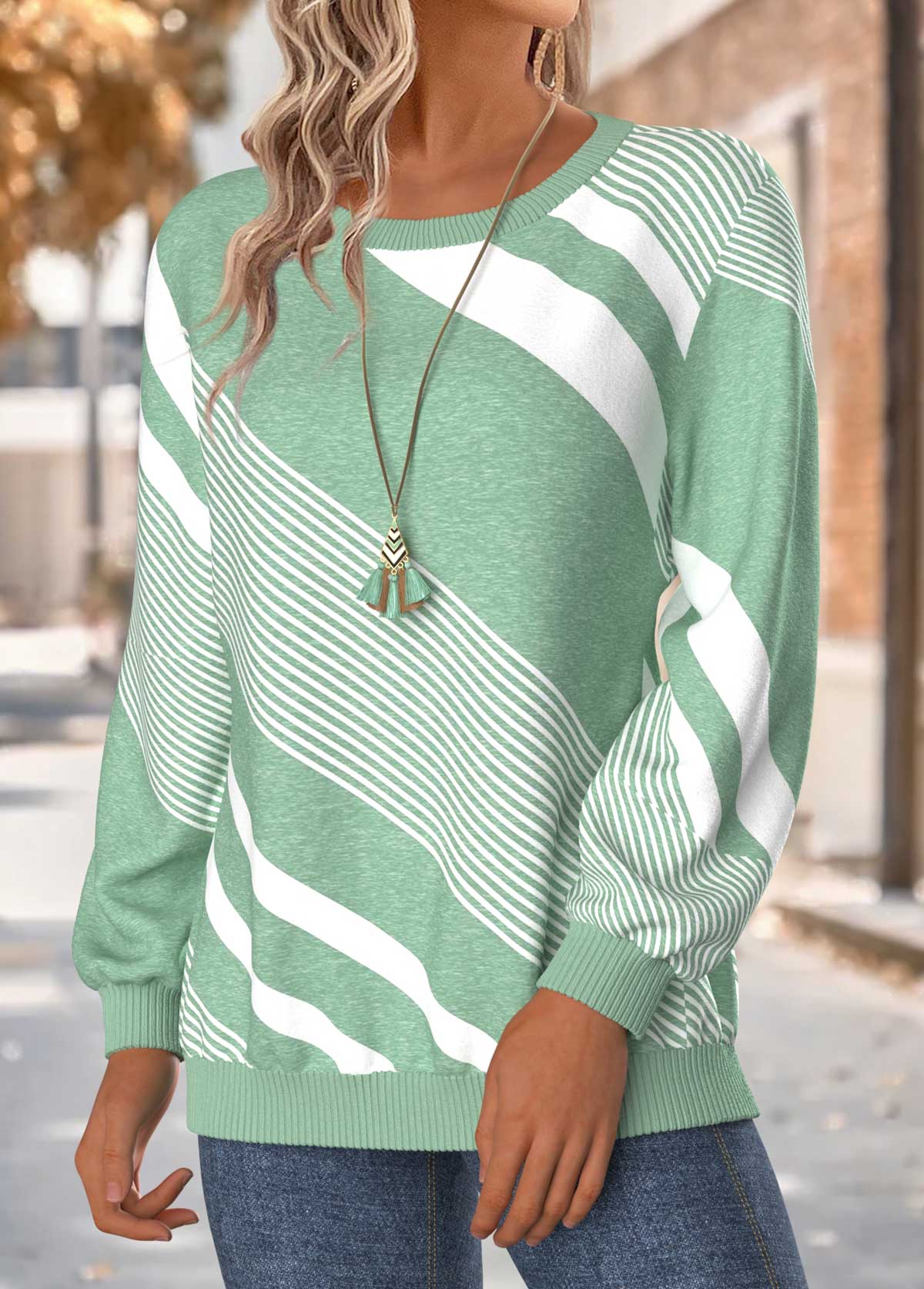 Mint Green tops,Geometric tops,ROTITA Tummy Coverage Geometric Print Mint Green Round Neck Sweatshirt