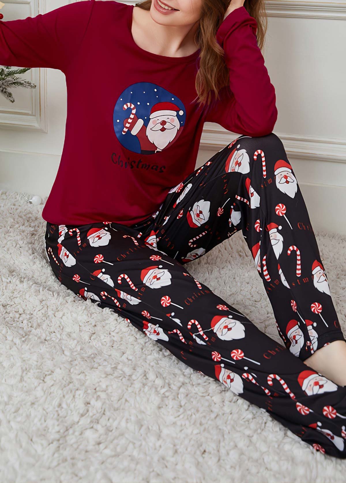 Wine Red loungewear,Christmas loungewear,Christmas Wine Red Round Neck Lounge Top and Pants