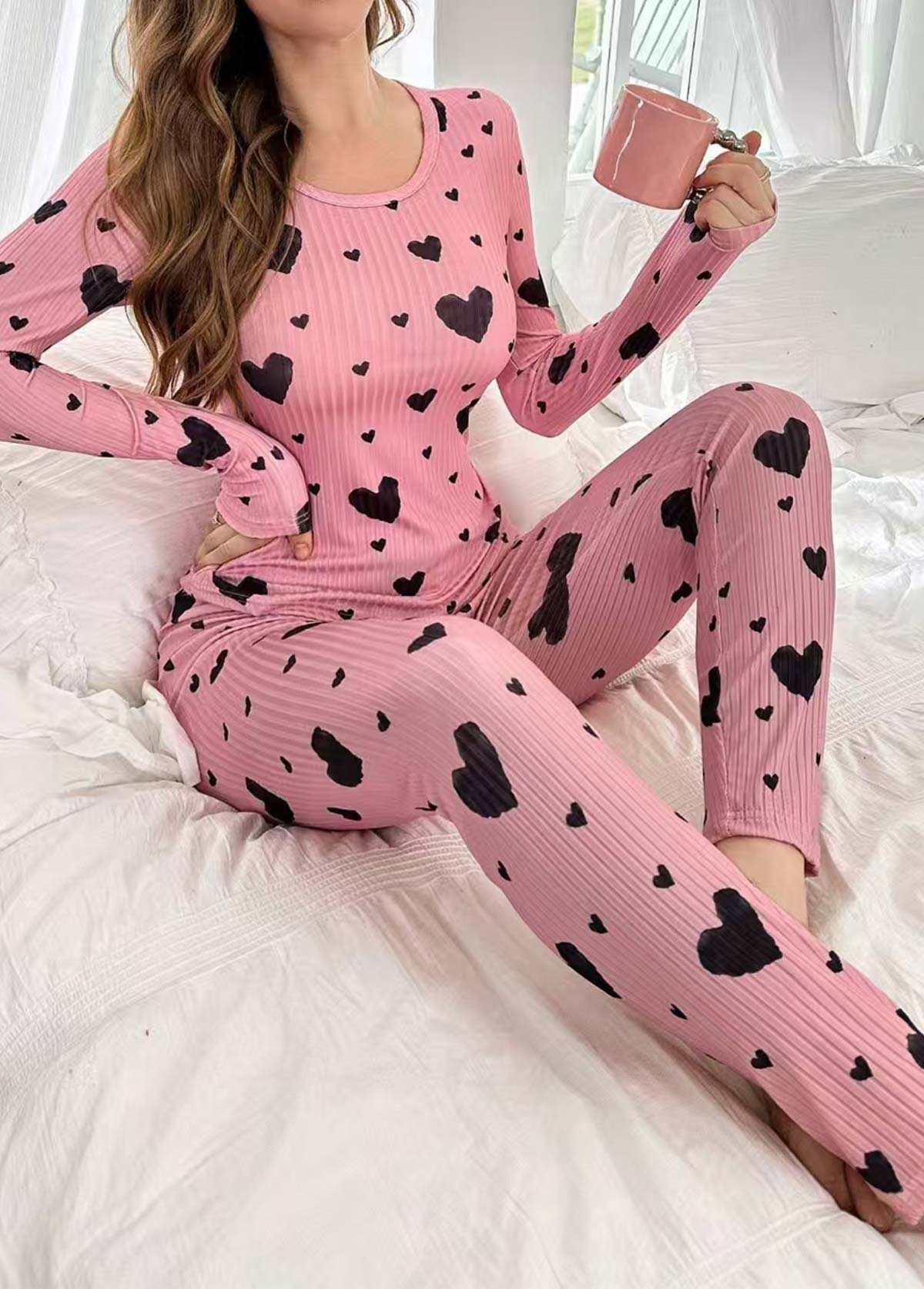 Pink loungewear,Heart loungewear,Heart Print Pink Round Neck Lounge Top and Pants