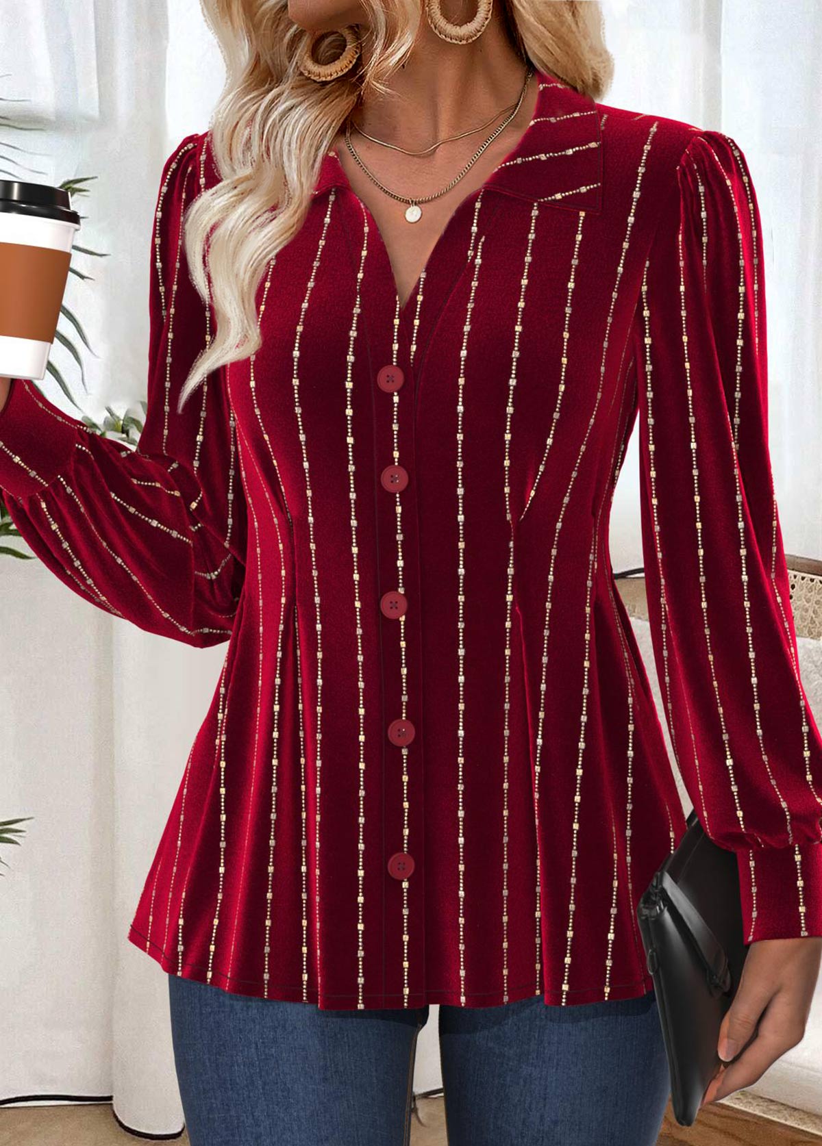 Wine Red tops,Plain Color tops,ROTITA Tummy Coverage Wine Red Turn Down Collar Shirt