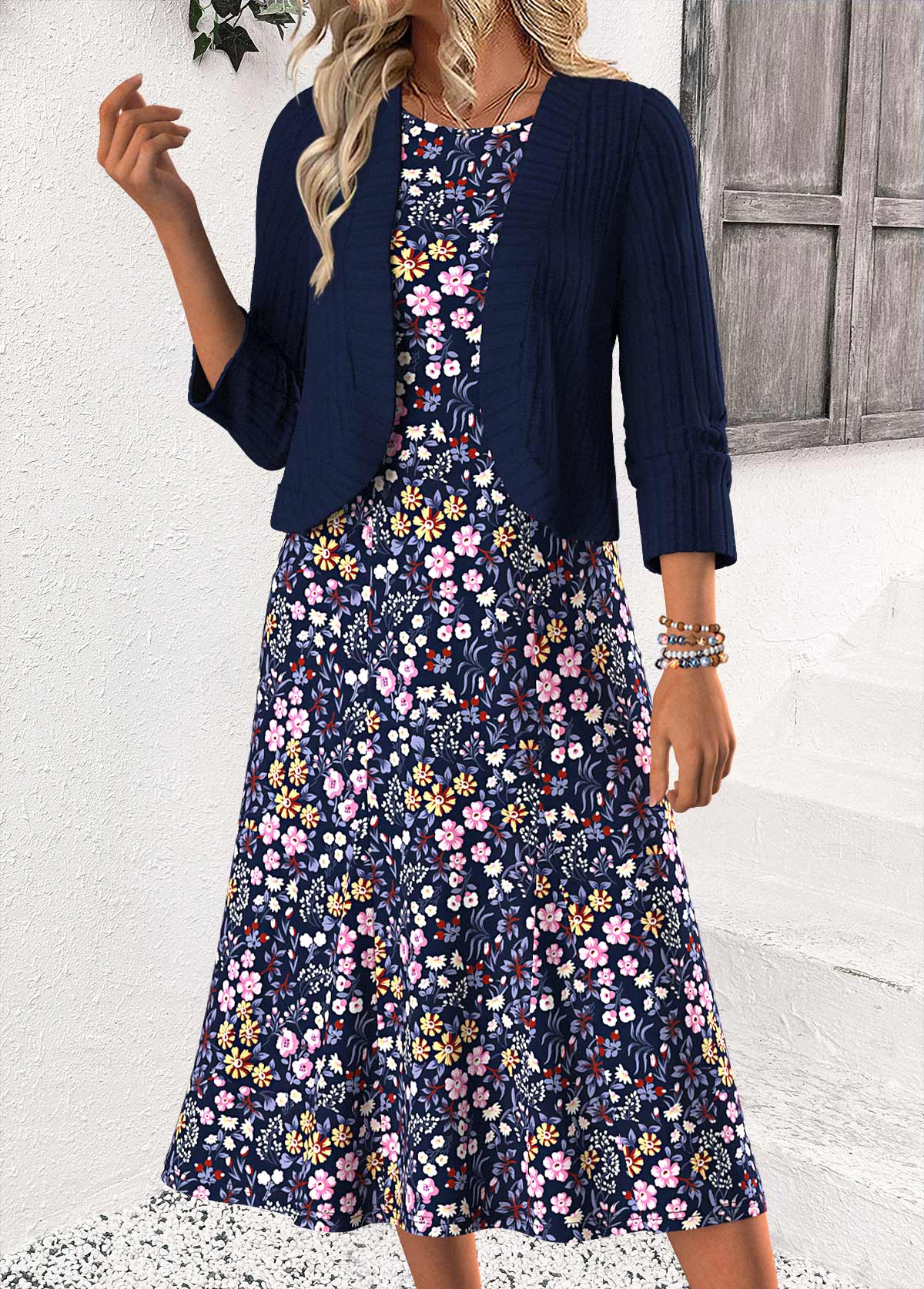 Navy dresses,Plants dresses,Casual dresses,ROTITA Tummy Coverage Leaf Print Navy Dress and Cardigan