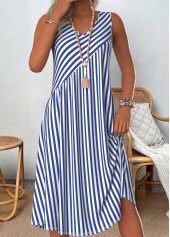Blue dresses,Striped dresses,Geometric dresses,Everyday dresses,Casual dresses,ROTITA Patchwork Striped Blue A Line V Neck Sleeveless Dress