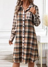 Dark Coffee dresses,Plaid dresses,Striped dresses,Geometric dresses,Everyday dresses,Casual dresses,ROTITA Button Plaid Dark Coffee A Line Shirt Collar Dress