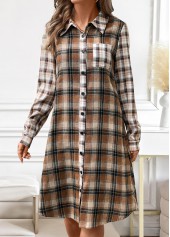 Dark Coffee dresses,Plaid dresses,Striped dresses,Geometric dresses,Everyday dresses,Casual dresses,ROTITA Button Plaid Dark Coffee A Line Shirt Collar Dress