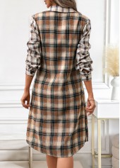 Dark Coffee dresses,Plaid dresses,Striped dresses,Geometric dresses,Everyday dresses,Casual dresses,ROTITA Button Plaid Dark Coffee A Line Shirt Collar Dress