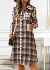 Rotita-Knopf-Plaid-Kleid in Dunkelkaffee mit A-Linien-Hemdkragen