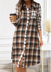 Dark Coffee dresses,Plaid dresses,Striped dresses,Geometric dresses,Everyday dresses,Casual dresses,ROTITA Button Plaid Dark Coffee A Line Shirt Collar Dress