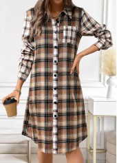 Dark Coffee dresses,Plaid dresses,Striped dresses,Geometric dresses,Everyday dresses,Casual dresses,ROTITA Button Plaid Dark Coffee A Line Shirt Collar Dress