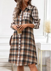 Dark Coffee dresses,Plaid dresses,Striped dresses,Geometric dresses,Everyday dresses,Casual dresses,ROTITA Button Plaid Dark Coffee A Line Shirt Collar Dress