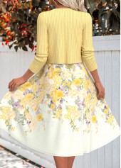 Light Yellow dresses,Floral dresses,Plants dresses,Everyday dresses,Casual dresses,ROTITA Two Piece Floral Print Light Yellow Dress and Cardigan