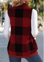 Wine Red tops,Plaid tops,ROTITA Plush Plaid Wine Red Stand Collar Sleeveless Waistcoat