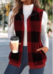 Wine Red tops,Plaid tops,ROTITA Plush Plaid Wine Red Stand Collar Sleeveless Waistcoat