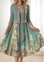 Sage Green dresses,Floral dresses,Plants dresses,Everyday dresses,Casual dresses,ROTITA Two Piece Floral Print Sage Green Dress and Cardigan