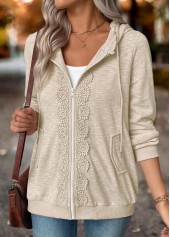 Light Camel tops,Plain Color tops,ROTITA Double Side Pockets Light Grey Long Sleeve Hoodie