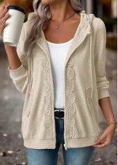 Light Camel tops,Plain Color tops,ROTITA Double Side Pockets Light Grey Long Sleeve Hoodie