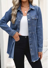 Denim Blue tops,Plain Color tops,Tummy Coverage Denim Blue Turn Down Collar Coat