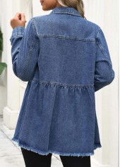 Denim Blue tops,Plain Color tops,Tummy Coverage Denim Blue Turn Down Collar Coat