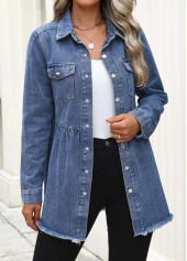 Denim Blue tops,Plain Color tops,Tummy Coverage Denim Blue Turn Down Collar Coat